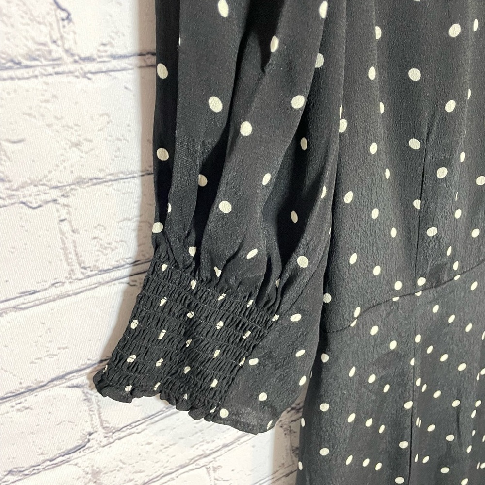 New H&M Black and White Polka Dot Puff Sleeve Crepe V Neck Dress Size L - Picture 12 of 16